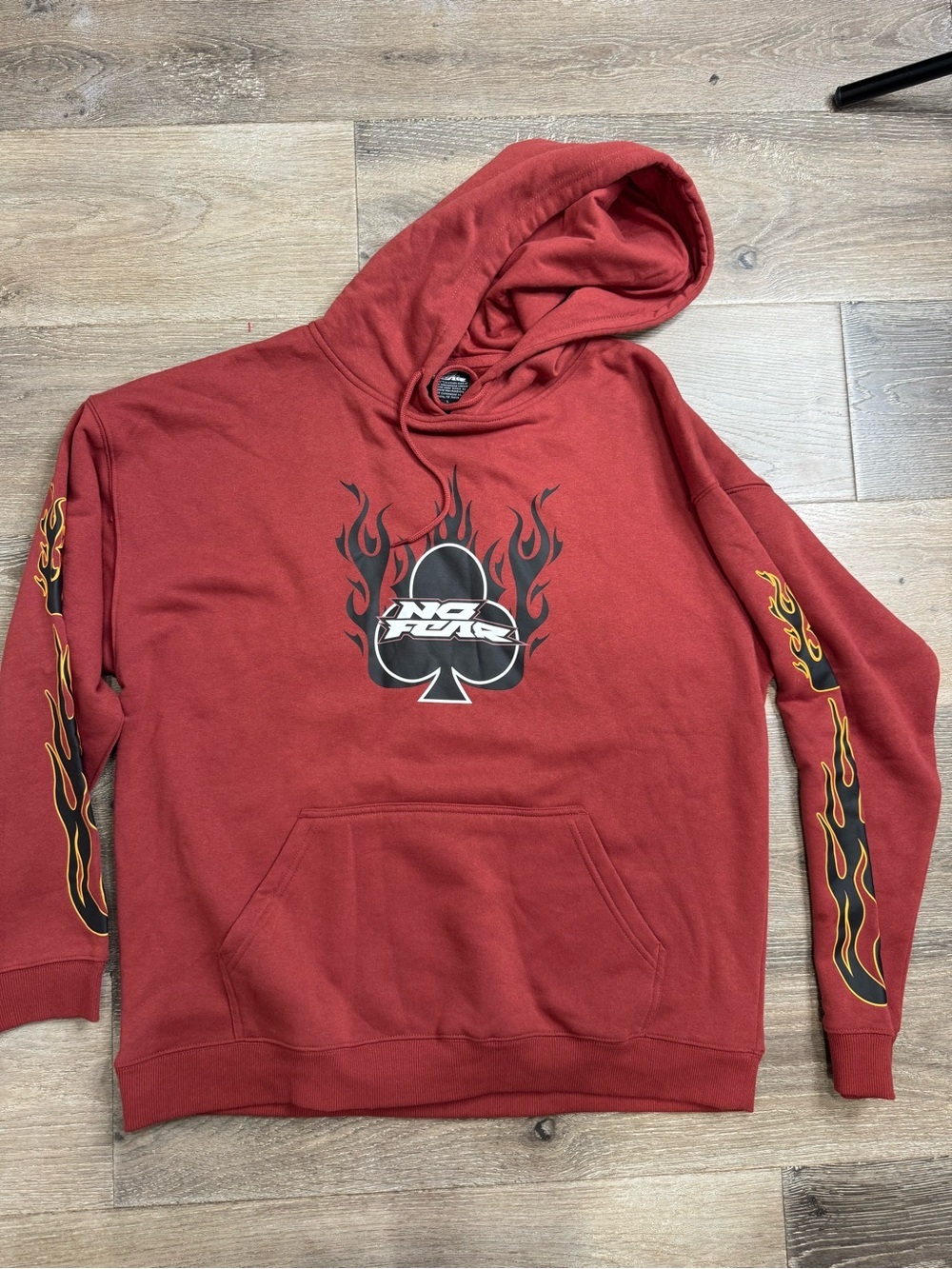 Vintage 90’s No Fear Men's Red Pullover Hoodie with Flame Spade Graphic 1082